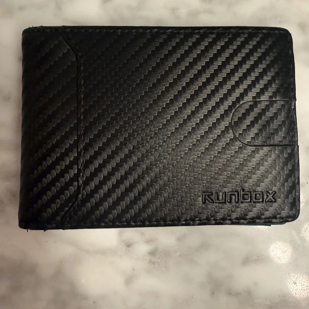 Runbox Mens Carbon Fiber Bifold Wallet with Money Clip Black Teal Green Slim EDC